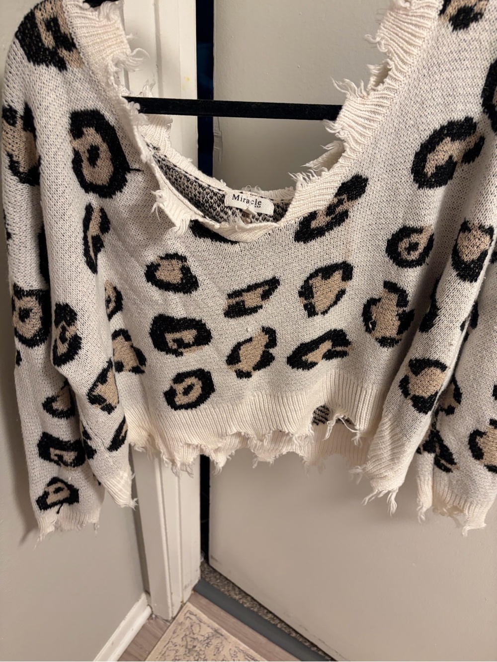 Miracle Distressed Leopard-Print Scoop Neck Sweater - Cream/Black/Tan
